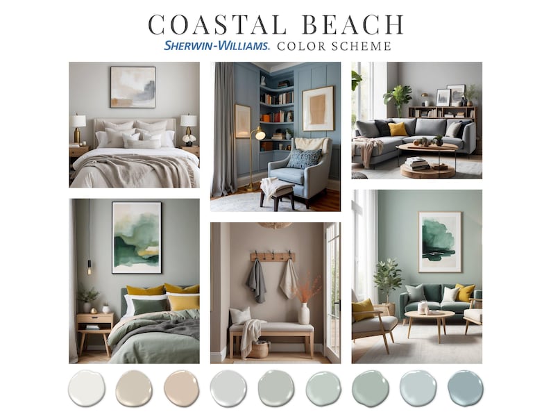 Puede incluir: Un panel de estado de &aacute;nimo del esquema de color "Coastal Beach" de Sherwin-Williams. La imagen presenta escenas de dise&ntilde;o de interiores de habitaciones, incluidos dormitorios y salas de estar, que muestran una paleta de colores neutros e inspirados en la costa. Las muestras de color se muestran en la parte inferior.