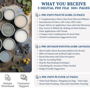 May include: Three digital PDF guides for painting: a paint palette guide (53 pages) showcasing 18 Sherwin-Williams paint combinations; a detailed painting guide (20 pages) covering sheen, lighting effects, and techniques; and a paint planner (27 pages) for tracking goals, shopping lists, and color orders.  The image includes paint samples in various shades of gray and beige.