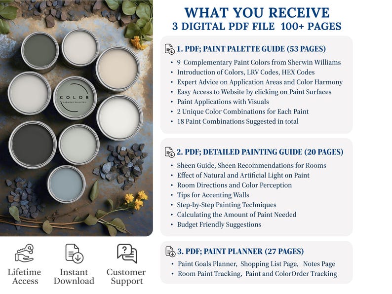 May include: Three digital PDF guides for painting: a paint palette guide (53 pages) showcasing 18 Sherwin-Williams paint combinations; a detailed painting guide (20 pages) covering sheen, lighting effects, and techniques; and a paint planner (27 pages) for tracking goals, shopping lists, and color orders.  The image includes paint samples in various shades of gray and beige.