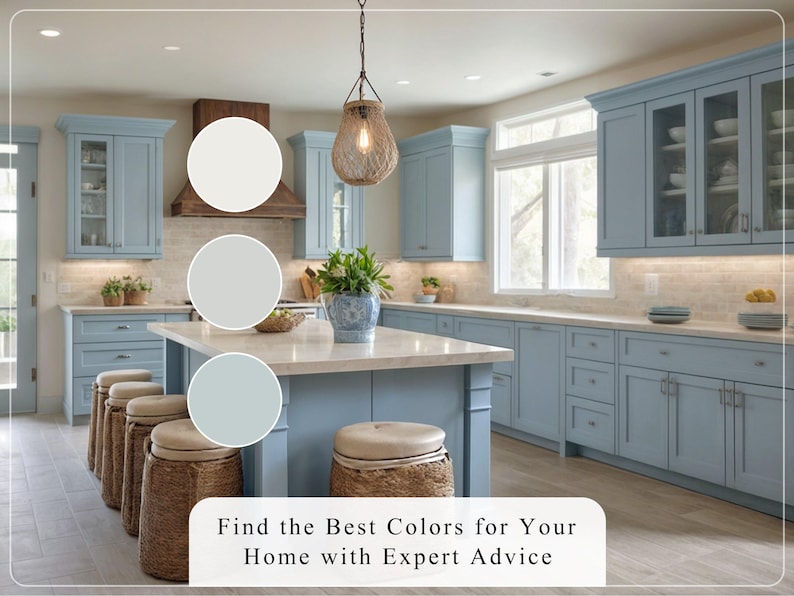 Puede incluir: Una cocina azul claro con gabinetes e isla a juego, con una campana extractora de madera y una l&aacute;mpara colgante tejida. La imagen incluye muestras de color y el texto "Find the Best Colors for Your Home with Expert Advice."