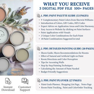 May include: Three digital PDF guides for painting: a paint palette guide (53 pages) showcasing Sherwin-Williams colors with LRV and HEX codes, a detailed painting guide (20 pages) offering sheen recommendations, lighting effect advice, and step-by-step techniques, and a paint planner (27 pages) including a goals planner, shopping list, and paint tracking.  The image also shows paint color samples in various shades of beige, gray, and blue.