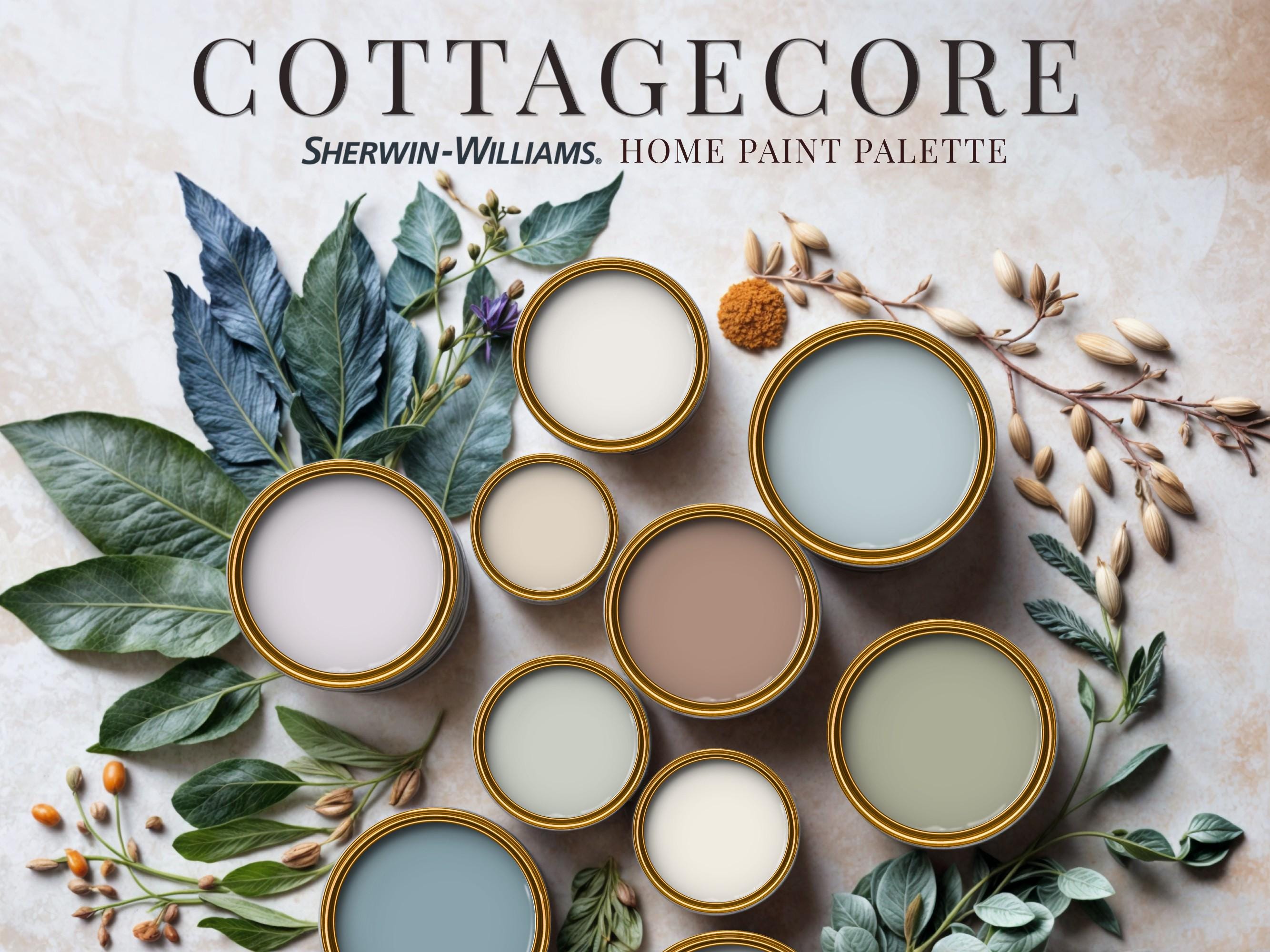 Cottagecore Home Paint Palette, Sherwin Williams 2025 Inspired, Whole House Color Scheme, Trendy Interior Design, Cottage Farmhouse Vibes