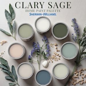 Clary Sage Home Paint Palette, Sherwin Williams 2025 Inspired, Whole House Color Scheme, Trendy Interior Paint Design, Farmhouse & Cottage