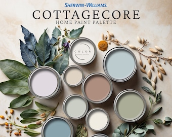 Cottagecore Home Paint Palette, Sherwin Williams 2024 Inspired, Whole House Color Scheme, Trendy Interior Design, Cottage Farmhouse Vibes