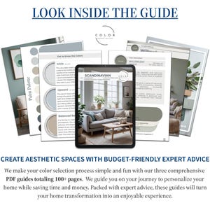 May include: Three comprehensive PDF guides totaling 100+ pages offer budget-friendly expert advice for creating aesthetic spaces.  The guides showcase Scandinavian-inspired color palettes with paint swatches and interior design images.  They provide a simple and fun color selection process, saving time and money.  The guides feature calming neutral colors like light blues, grays, and greens.  The text on the guides includes 'Color Expert Palettes' and 'Scandinavian'.