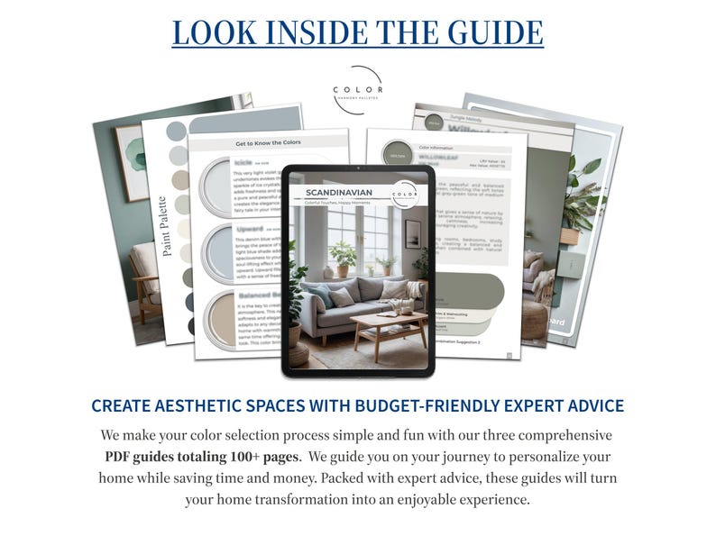 May include: Three comprehensive PDF guides totaling 100+ pages offer budget-friendly expert advice for creating aesthetic spaces.  The guides showcase Scandinavian-inspired color palettes with paint swatches and interior design images.  They provide a simple and fun color selection process, saving time and money.  The guides feature calming neutral colors like light blues, grays, and greens.  The text on the guides includes 'Color Expert Palettes' and 'Scandinavian'.