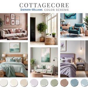 May include: Cottagecore Sherwin-Williams color scheme.  The image showcases various room settings with calming palettes:  a living room with a white sofa and terracotta accents, a bedroom with a light green duvet, and another bedroom with lavender bedding.  A teal armchair and a sage green sofa are also featured.  The color scheme includes soft whites, creams, light greens, lavender, and muted blues.  Paint swatches are displayed at the bottom.