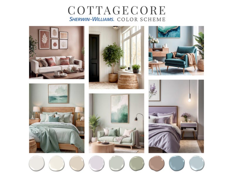 May include: Cottagecore Sherwin-Williams color scheme.  The image showcases various room settings with calming palettes:  a living room with a white sofa and terracotta accents, a bedroom with a light green duvet, and another bedroom with lavender bedding.  A teal armchair and a sage green sofa are also featured.  The color scheme includes soft whites, creams, light greens, lavender, and muted blues.  Paint swatches are displayed at the bottom.