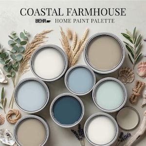 May include: A Coastal Farmhouse Behr Home Paint Palette featuring nine open paint cans in shades of white, beige, light blue, and dark blue. The arrangement is surrounded by dried wheat, eucalyptus, lavender, seashells, rope, and a small lantern.