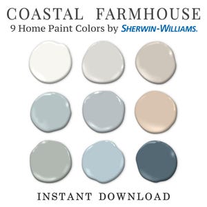 Puede incluir: Nueve muestras de pintura para una paleta de colores de granja costera de Sherwin-Williams. Los colores incluyen blanco, gris claro, beige, azul claro y azul.