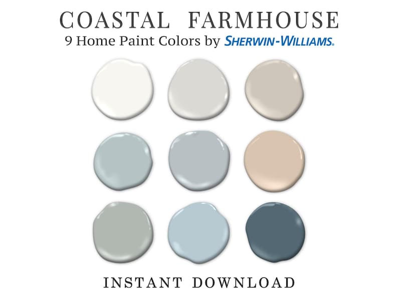 Puede incluir: Nueve muestras de pintura para una paleta de colores de granja costera de Sherwin-Williams. Los colores incluyen blanco, gris claro, beige, azul claro y azul.