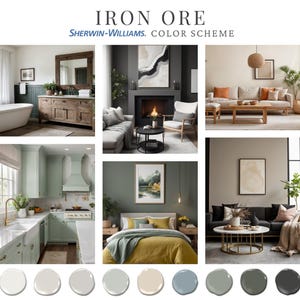 May include: Iron Ore Sherwin-Williams color scheme.  A mood board showcasing various room designs in muted greens, grays, and beige tones.  Images include a bathroom, kitchen, bedroom, and living room.  The color palette features a range of neutrals with subtle variations in shade and tone.  The overall style is modern and sophisticated.