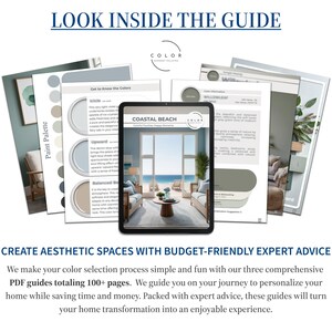 Puede incluir: Imagen de gu&iacute;as de dise&ntilde;o de interiores. Una tableta muestra "Coastal Beach", rodeada de p&aacute;ginas impresas. El texto "Look Inside The Guide" es visible en la parte superior. Las gu&iacute;as ofrecen consejos de expertos.