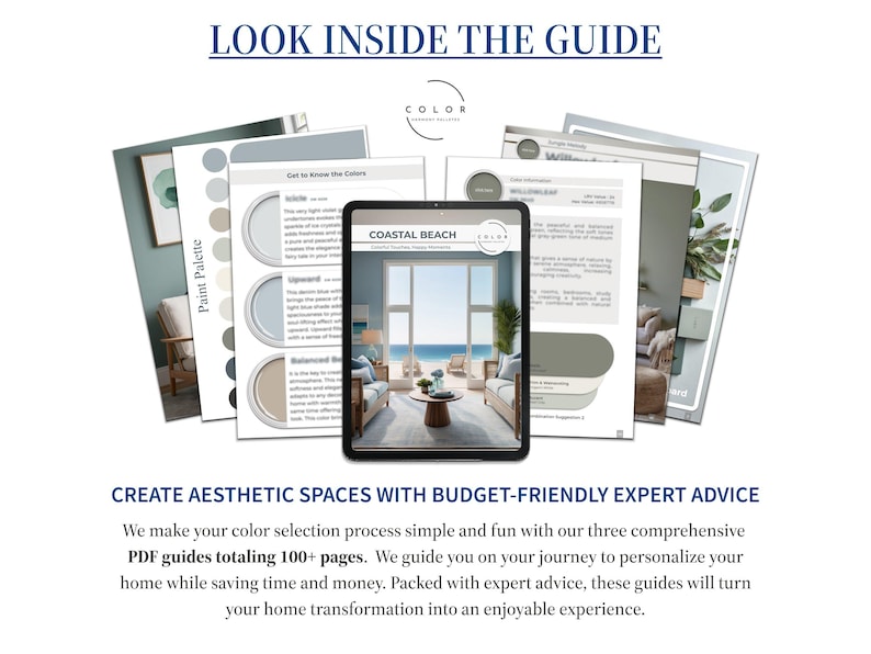 Puede incluir: Imagen de gu&iacute;as de dise&ntilde;o de interiores. Una tableta muestra "Coastal Beach", rodeada de p&aacute;ginas impresas. El texto "Look Inside The Guide" es visible en la parte superior. Las gu&iacute;as ofrecen consejos de expertos.
