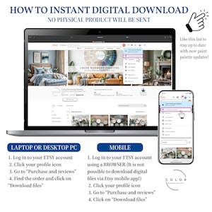 Puede incluir: Una computadora port&aacute;til y un tel&eacute;fono inteligente muestran instrucciones para descargar archivos digitales de Etsy. La imagen incluye el texto "C&oacute;mo descargar al instante" e instrucciones para dispositivos de escritorio y m&oacute;viles. La tienda de Etsy se llama "Color Harmony Palettes".