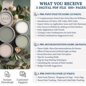 May include: Three digital PDF guides for painting projects: a paint palette guide (53 pages) showcasing 9 Sherwin-Williams paint colors with color combinations; a detailed painting guide (20 pages) covering sheen, lighting effects, and techniques; and a paint planner (27 pages) for tracking goals, shopping lists, and color orders.