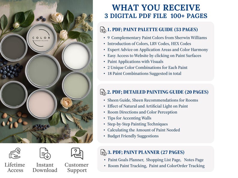 May include: Three digital PDF guides for painting projects: a paint palette guide (53 pages) showcasing 9 Sherwin-Williams paint colors with color combinations; a detailed painting guide (20 pages) covering sheen, lighting effects, and techniques; and a paint planner (27 pages) for tracking goals, shopping lists, and color orders.