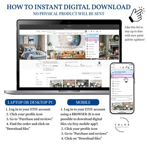 May include: Instructions for instant digital downloads from Etsy.  Screenshots show how to access downloads on laptop/desktop and mobile (browser only).  Steps include logging into Etsy, clicking profile icon, going to Purchases and Reviews, and clicking Download files.  The guide emphasizes that no physical product will be sent.