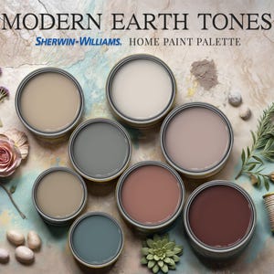 May include: A collection of eight paint cans with lids, showcasing a palette of modern earth tones. The paint colors include beige, brown, gray, and pink. The cans are arranged on a textured surface with natural elements like flowers, leaves, and stones.