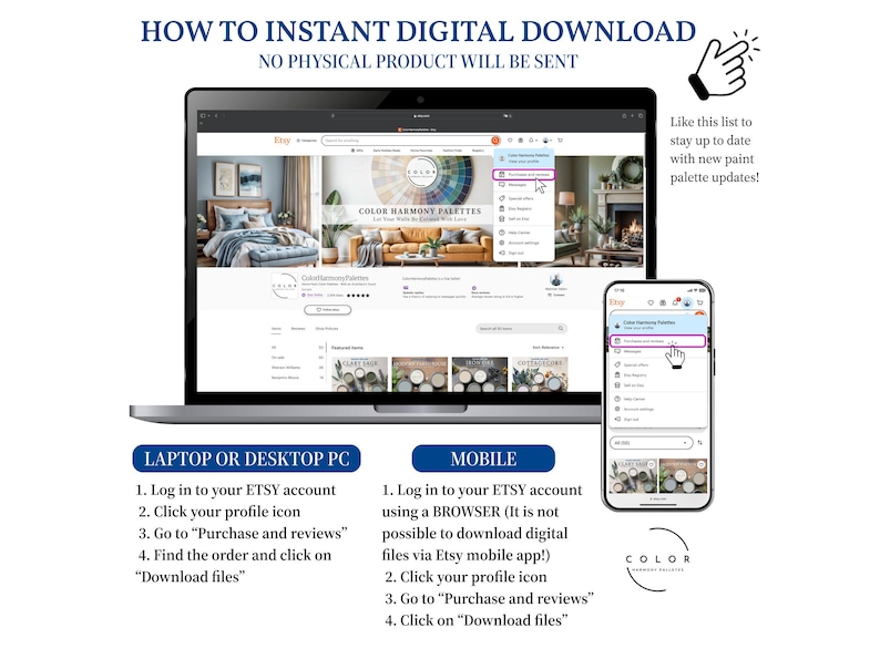 Puede incluir: Una captura de pantalla que muestra c&oacute;mo descargar archivos digitales de Etsy en una computadora port&aacute;til o un dispositivo m&oacute;vil. La imagen muestra la pantalla de una computadora port&aacute;til con el sitio web de Etsy abierto y la pantalla de un tel&eacute;fono m&oacute;vil con la aplicaci&oacute;n Etsy abierta. Las instrucciones se enumeran debajo de las im&aacute;genes.