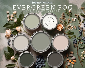Evergreen Fog Home Paint Palette, Sherwin Williams 2024 Inspired, Whole House Color Scheme, Trend Interior Paint Design, Farmhouse & Cottage