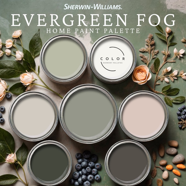 Evergreen Fog Home Paint Palette, Sherwin Williams 2024 Inspired, Whole House Color Scheme, Trend Interior Paint Design, Farmhouse & Cottage