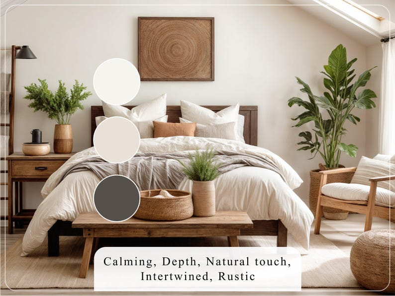 May include: A bedroom features a beige bedding set on a wooden bed frame.  The room includes wooden side tables, a wooden coffee table, and various plants.  A large wooden framed artwork hangs above the bed.  Color swatches show off-white, beige, and dark gray tones. The text below the image reads: 'Calming, Depth, Natural touch, Intertwined, Rustic'.