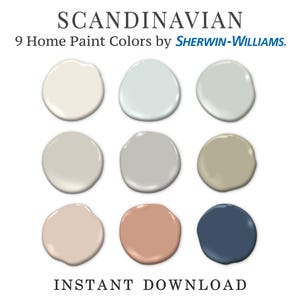 May include: Scandinavian paint color palette by Sherwin-Williams featuring nine home paint colors.  The palette includes off-white, light gray, pale blue, beige, and dusty rose shades, along with a darker navy blue.  The image displays paint swatches in a grid arrangement.  Text on the image reads 'SCANDINAVIAN', '9 Home Paint Colors by SHERWIN-WILLIAMS', and 'INSTANT DOWNLOAD'.