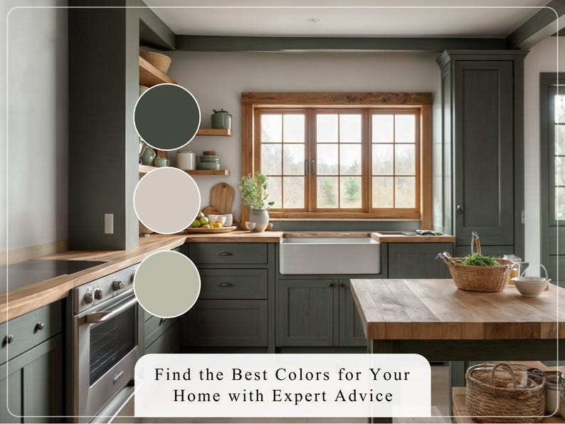 May include: A kitchen interior design features green cabinets, wooden countertops, and a farmhouse sink. Three paint color swatches are shown: dark green, beige, and light green. The text overlay reads: 'Find the Best Colors for Your Home with Expert Advice'.