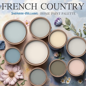 May include: A paint color palette with the title "French Country" and the brand name "Sherwin-Williams. Home Paint Palette". The palette features nine paint colors in various shades of blue, gray, beige, and pink. The paint cans are arranged on a textured surface with floral decorations.