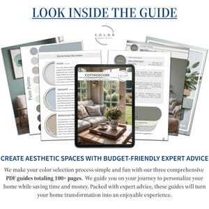 May include: Three comprehensive PDF guides totaling 100+ pages offer expert advice for creating aesthetic spaces with budget-friendly color selections.  The guides feature paint palettes in soft blues and greens, showcasing a cottagecore aesthetic.  The cover of one guide displays a cozy living room scene.  The text 'LOOK INSIDE THE GUIDE' and 'CREATE AESTHETIC SPACES WITH BUDGET-FRIENDLY EXPERT ADVICE' is also visible.