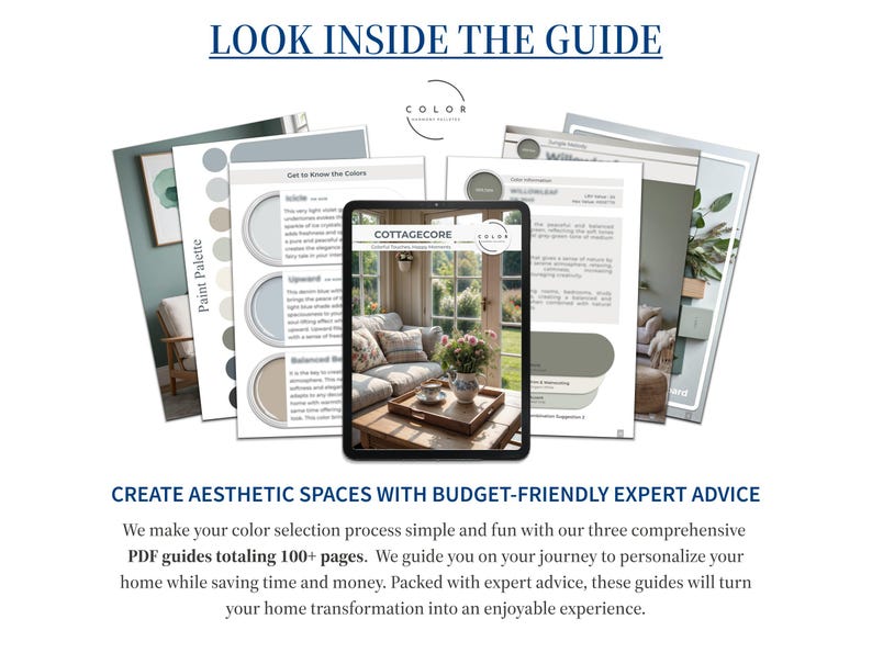 May include: Three comprehensive PDF guides totaling 100+ pages offer expert advice for creating aesthetic spaces with budget-friendly color selections.  The guides feature paint palettes in soft blues and greens, showcasing a cottagecore aesthetic.  The cover of one guide displays a cozy living room scene.  The text 'LOOK INSIDE THE GUIDE' and 'CREATE AESTHETIC SPACES WITH BUDGET-FRIENDLY EXPERT ADVICE' is also visible.
