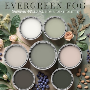 Evergreen Fog Home Paint Palette, Sherwin Williams 2024 Inspired, Whole House Color Scheme, Trend Interior Paint Design, Farmhouse & Cottage image 1