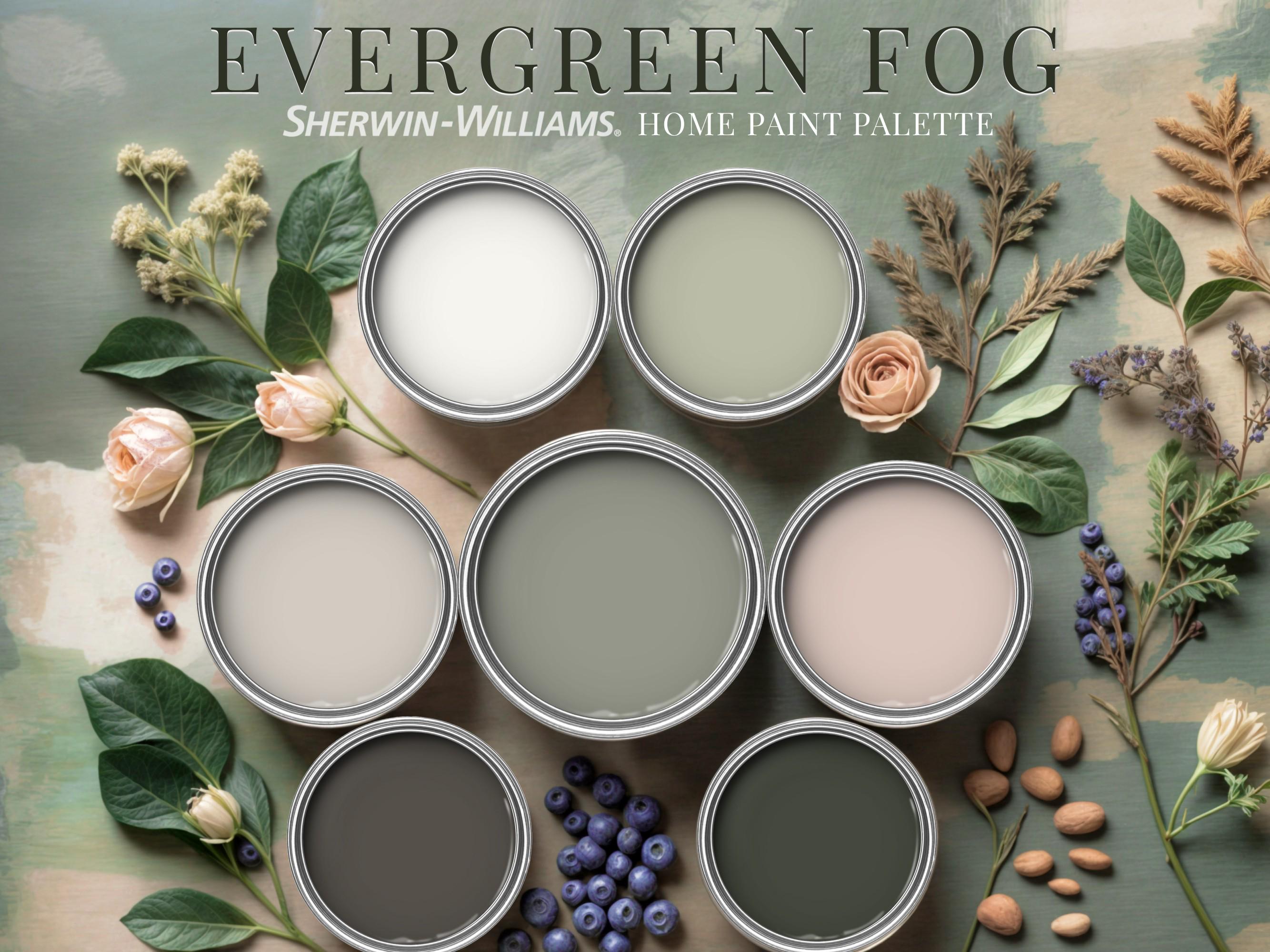 Evergreen Fog Home Paint Palette, Sherwin Williams 2024 Inspired, Whole House Color Scheme, Trend Interior Paint Design, Farmhouse & Cottage