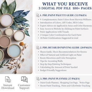 May include: Three digital PDF guides for painting projects: a paint palette guide (53 pages) showcasing 18 Sherwin-Williams paint combinations; a detailed painting guide (20 pages) offering sheen recommendations, lighting effects, and painting techniques; and a paint planner (27 pages) including goal setting, shopping lists, and tracking features.  Instant download and lifetime access are provided.