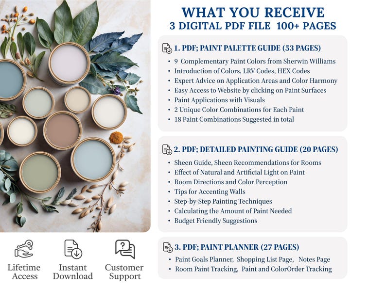 May include: Three digital PDF guides for painting projects: a paint palette guide (53 pages) showcasing 18 Sherwin-Williams paint combinations; a detailed painting guide (20 pages) offering sheen recommendations, lighting effects, and painting techniques; and a paint planner (27 pages) including goal setting, shopping lists, and tracking features.  Instant download and lifetime access are provided.