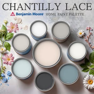 Puede incluir: Una paleta de colores de pintura llamada "Chantilly Lace" de Benjamin Moore. La paleta presenta ocho colores de pintura en varios tonos de blanco, gris y azul. Los botes de pintura están dispuestos en círculo sobre un fondo gris con flores y hojas.