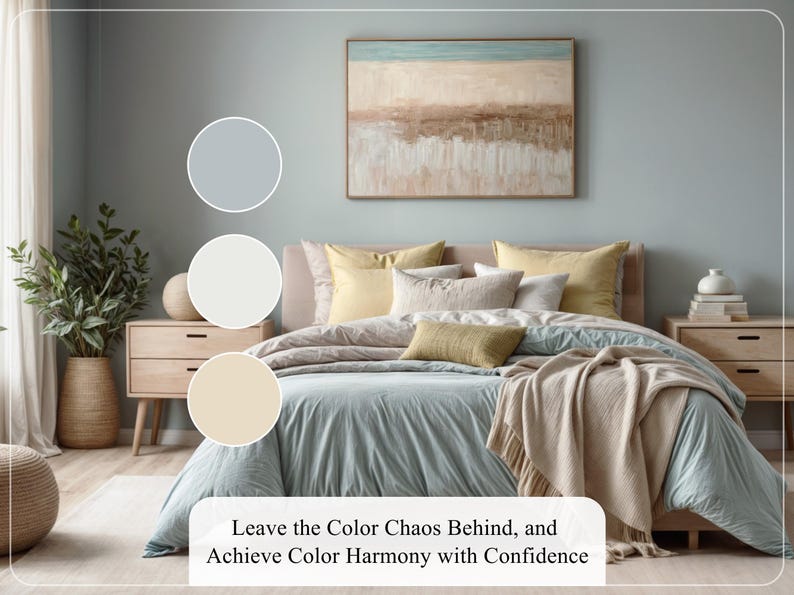 K&ouml;nnte beinhalten: Schlafzimmer-Interieur mit einem Bett mit hellblauer Bettdecke, beiger Decke und gelben Kissen. Ein Gem&auml;lde mit Beige- und Blaut&ouml;nen h&auml;ngt &uuml;ber dem Bett. Der Text lautet: "Leave the Color Chaos Behind, and Achieve Color Harmony with Confidence."