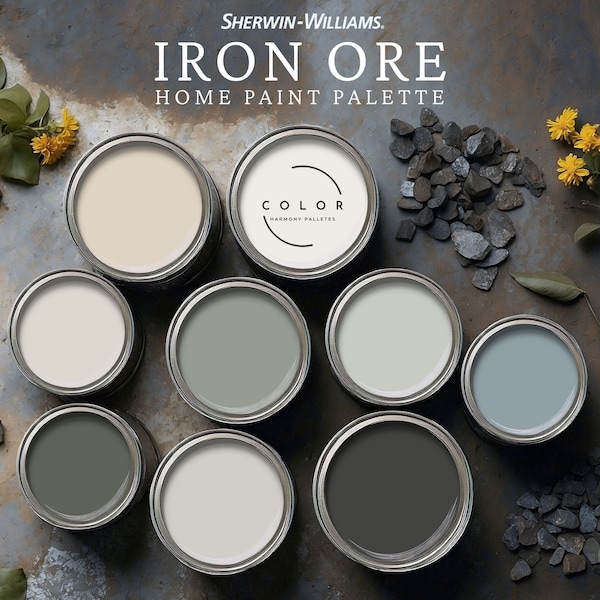 Iron Ore Home Paint Palette, Sherwin Williams 2024 Inspired, Whole House Color Scheme, Trendy Interior Paint Design, Modern & Chic Vibes