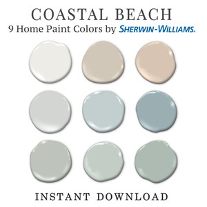 Puede incluir: Nueve muestras de colores de pintura en el tema Coastal Beach de Sherwin-Williams. Los colores van desde el blanco roto y el beige hasta varias tonalidades de azul y verde. Tambi&eacute;n se muestran las palabras "Coastal Beach" e "Instant Download".