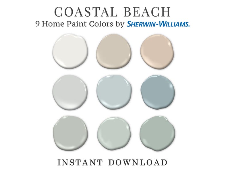Puede incluir: Nueve muestras de colores de pintura en el tema Coastal Beach de Sherwin-Williams. Los colores van desde el blanco roto y el beige hasta varias tonalidades de azul y verde. Tambi&eacute;n se muestran las palabras "Coastal Beach" e "Instant Download".