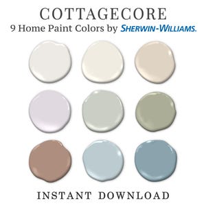 May include: Nine Sherwin-Williams Cottagecore home paint color swatches.  The colors include various shades of off-white, light gray, pale green, and muted blue.  The image displays the paint colors in a grid format, with the text 'COTTAGE CORE' and '9 Home Paint Colors by SHERWIN-WILLIAMS' above the swatches and 'INSTANT DOWNLOAD' below. The color palette evokes a rustic, charming aesthetic.