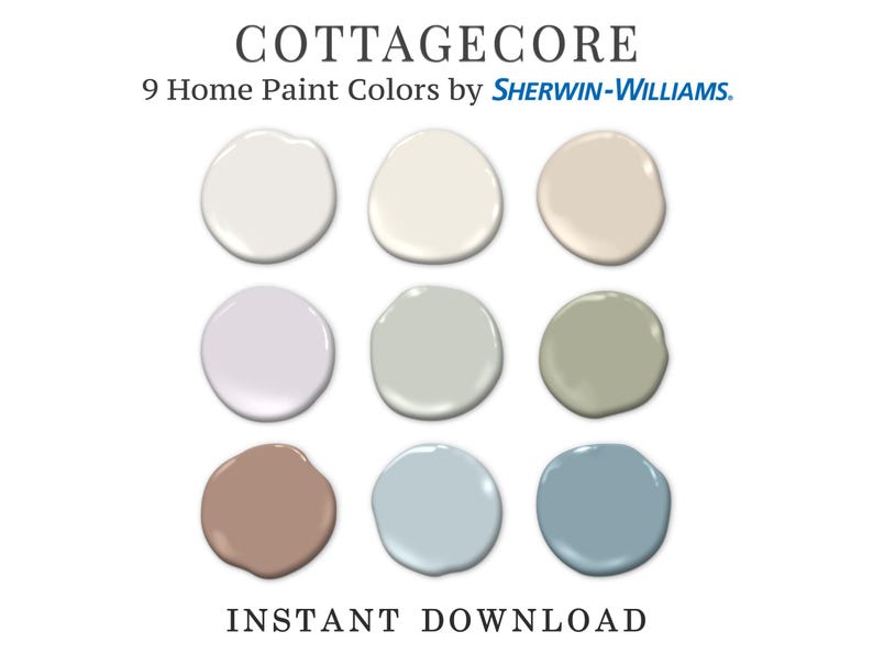 May include: Nine Sherwin-Williams Cottagecore home paint color swatches.  The colors include various shades of off-white, light gray, pale green, and muted blue.  The image displays the paint colors in a grid format, with the text 'COTTAGE CORE' and '9 Home Paint Colors by SHERWIN-WILLIAMS' above the swatches and 'INSTANT DOWNLOAD' below. The color palette evokes a rustic, charming aesthetic.