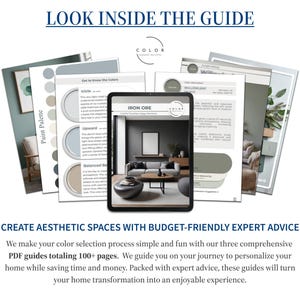 May include: Three comprehensive PDF guides totaling 100+ pages offer budget-friendly expert advice for creating aesthetic spaces.  The guides feature color palettes in greens, blues, and grays, showcasing paint swatches and interior design inspiration.  The guides promise to simplify the color selection process and personalize home design.