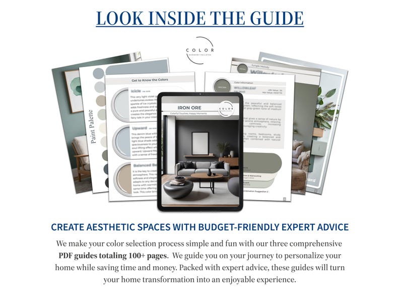 May include: Three comprehensive PDF guides totaling 100+ pages offer budget-friendly expert advice for creating aesthetic spaces.  The guides feature color palettes in greens, blues, and grays, showcasing paint swatches and interior design inspiration.  The guides promise to simplify the color selection process and personalize home design.