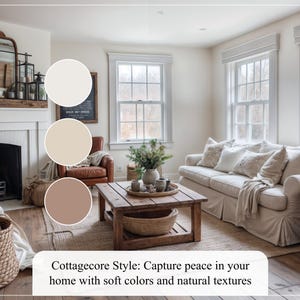 May include: Cottagecore style living room features a beige sofa with pillows, a wooden coffee table, and a fireplace.  The color palette includes off-white, beige, and dusty rose. Natural textures are prominent throughout the room, including woven baskets, a jute rug, and a wooden mantel. The text 'Cottagecore Style: Capture peace in your home with soft colors and natural textures' is displayed at the bottom.