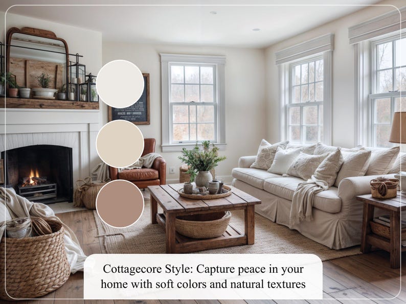 May include: Cottagecore style living room features a beige sofa with pillows, a wooden coffee table, and a fireplace.  The color palette includes off-white, beige, and dusty rose. Natural textures are prominent throughout the room, including woven baskets, a jute rug, and a wooden mantel. The text 'Cottagecore Style: Capture peace in your home with soft colors and natural textures' is displayed at the bottom.