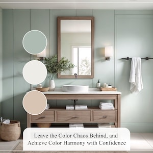 Puede incluir: Escena de ba&ntilde;o con pared verde claro, tocador de madera y espejo grande. El tocador tiene encimera blanca, lavabo blanco y tres cajones. Texto: Deja atr&aacute;s el caos de color y logra la armon&iacute;a del color con confianza.