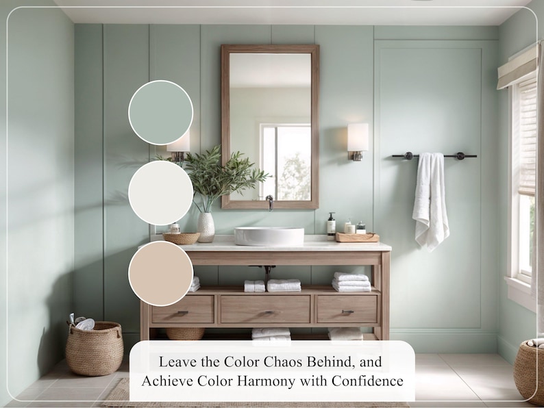 Puede incluir: Escena de ba&ntilde;o con pared verde claro, tocador de madera y espejo grande. El tocador tiene encimera blanca, lavabo blanco y tres cajones. Texto: Deja atr&aacute;s el caos de color y logra la armon&iacute;a del color con confianza.