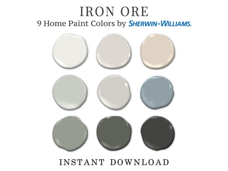 May include: Nine Sherwin-Williams paint color swatches in varying shades of gray, beige, and blue.  The title 'IRON ORE' and '9 Home Paint Colors by SHERWIN-WILLIAMS' are displayed above the swatches.  Below the swatches, 'INSTANT DOWNLOAD' is shown. The image showcases a palette of neutral and cool-toned paint colors ideal for home interiors.